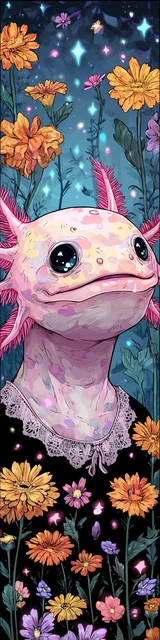 Free printable axolotl bookmark featuring a pink axolotl with a conservative dress
